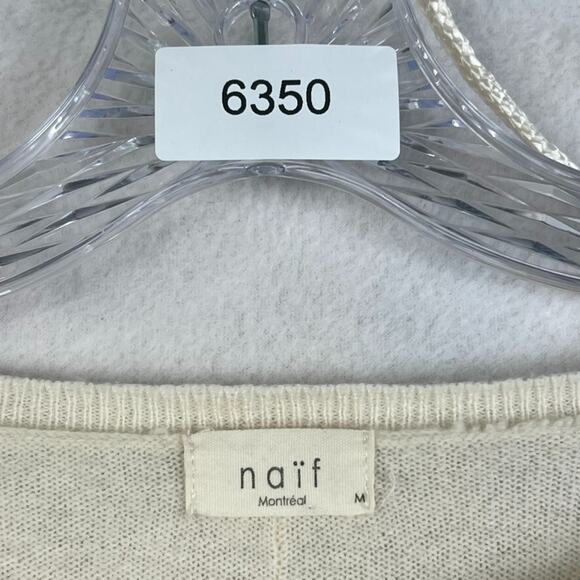 Naif Montreal Knit Sweater Womens M Ivory Wool Cashmere Blend Ribbed Trim Hi-Low - Picture 5 of 10